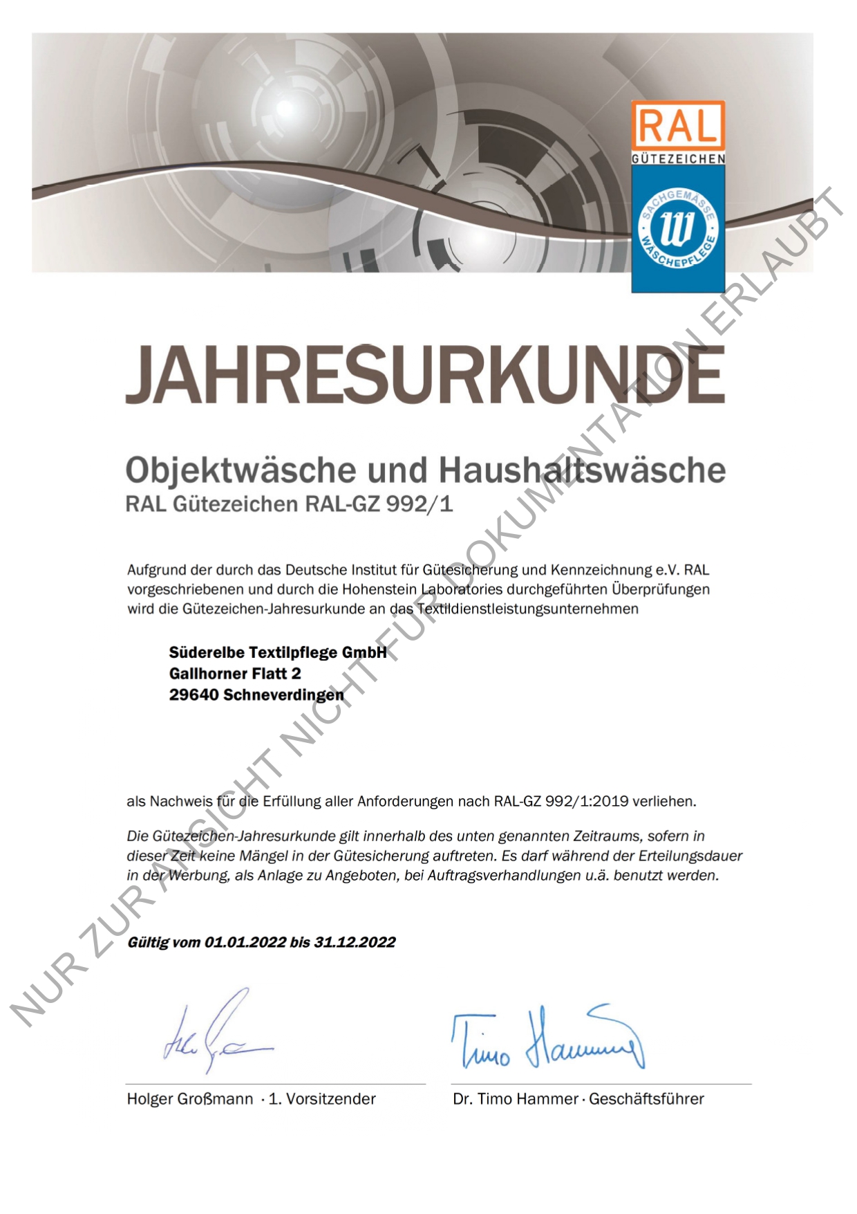 Süderelbe Textilpflege GmbH - Zertifikat
